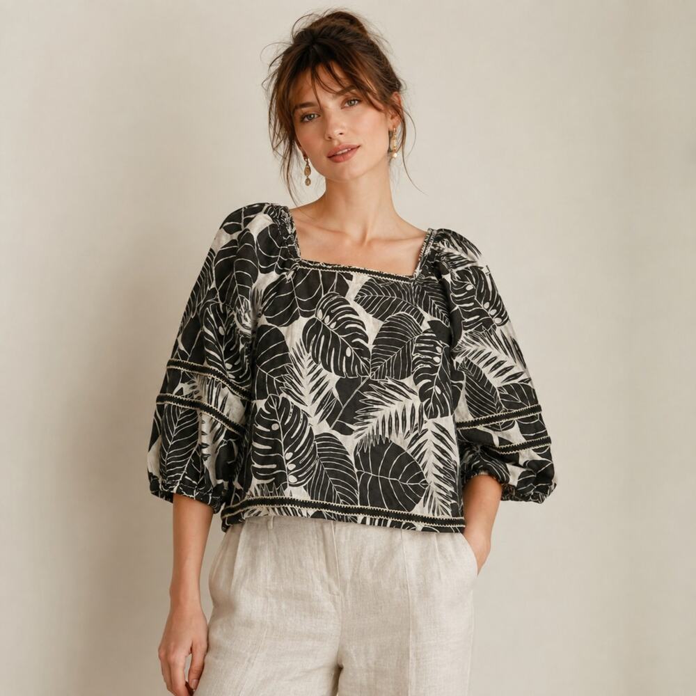 Cynthia Rowley XL 100% European Flax Linen Tropical Leaf Blouse Black White Boho